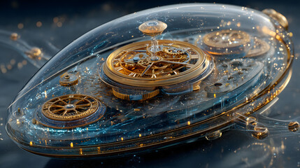 Floating glass time engine with glowing blue energy