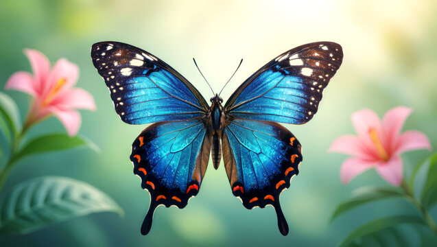 Beautiful blue butterfly rests gracefully near pink flowers in a lush garden setting with a peaceful spring feeling.