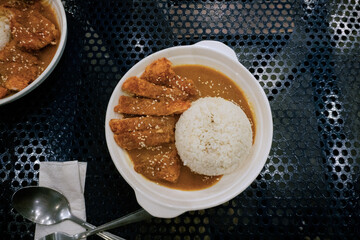 Crispy Katsu Curry with Steamed Rice, Traditional Asian Dish, Overhead View