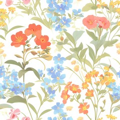 Seamless pattern of colorful floral design with various blooming plants. Repeatable nature background for fabric, wallpaper, or textile design.