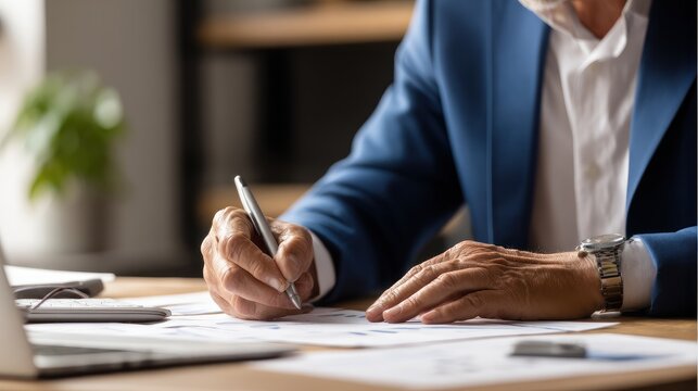 A professional man in formal attire reviewing financial documents at a tidy desk with soft lighting.
