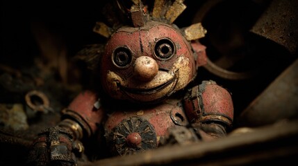 Rusty toy figure in a cluttered space