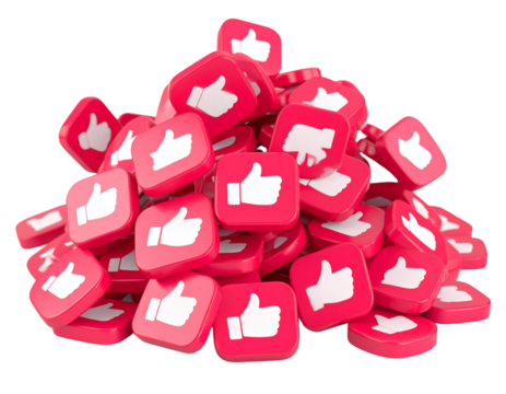 Stack of Social Media Like Buttons – 3D Rendered PNG on Transparent Background