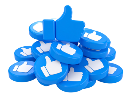 Stack of Social Media Like Buttons – 3D Rendered PNG on Transparent Background