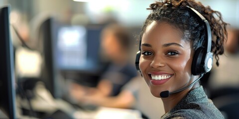 A customer service representative in a call center, assisting a client with a smile.