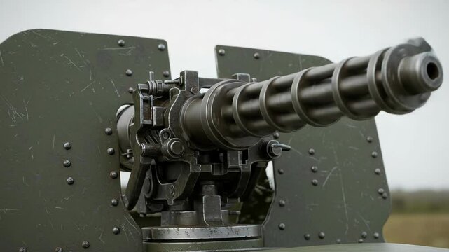 A closeup of a vintage minigun shows its intricate metal design