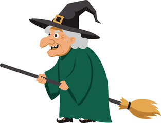 Obraz premium Cartoon witch with a pointy hat and green robe riding a broom.