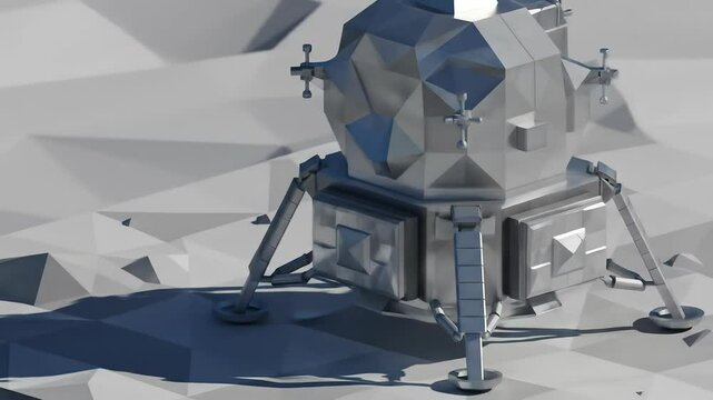 Low poly lunar lander animation for International Moon Day celebration on 20th July with geometric surface and spacecraft