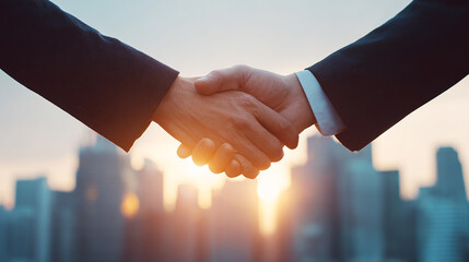International business partners shaking hands in front of a city skyline with sunlight