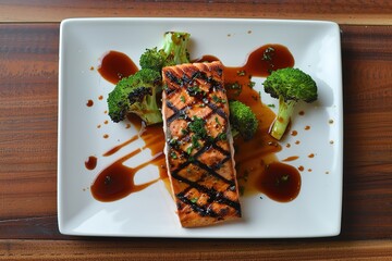 Grilled salmon fillet with soy sauce and broccoli on white plate, Ai generated