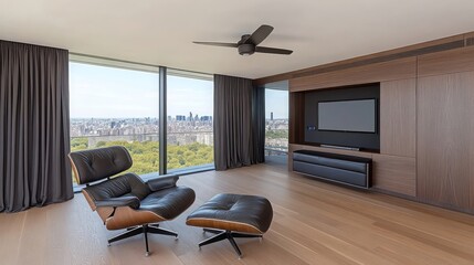 Modern living room with leather armchair ottoman and city view dark wood cabinetry and ceiling fan