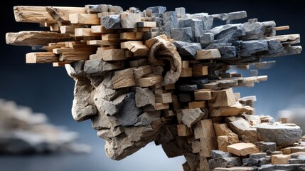 Abstract sculpted head, wood and stone