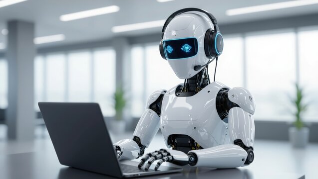 Customer support robot with headset working on a laptop, offering assistance and automated service in a modern office environment