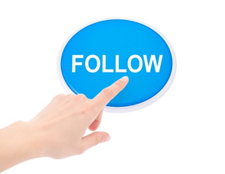 Tapping Hand on “Follow” Button – UI Style Transparent Background PNG Graphic - Powered by Adobe