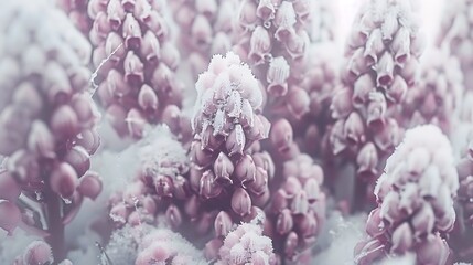 Delicate grape hyacinths gently kissed by winter's frost create a dreamy floral landscape