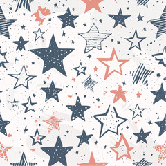 Seamless pattern of hand-drawn stars in blue and coral on a textured white background with small dots.