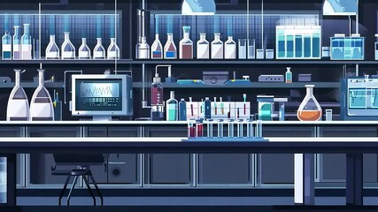 Modern laboratory with various glassware and equipment, showcasing scientific research in progress