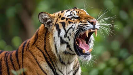 Obraz premium Majestic tiger showing its impressive teeth, showcasing its power and grace against a green background.