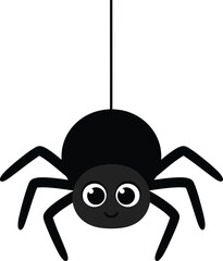 A cartoon spider hangs from a single thread, with a happy expression.