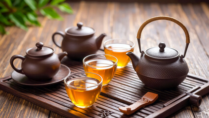 Peaceful tea ceremony with tea pots and glasses on wooden tray creates a serene ambiance for relaxation