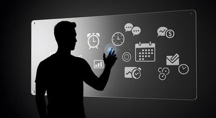Silhouette Interacting with Digital Interface Displaying Business Icons