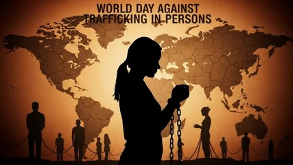 Raising awareness on World Day Against Trafficking in Persons with symbolic imagery of chained silhouettes against a world map background