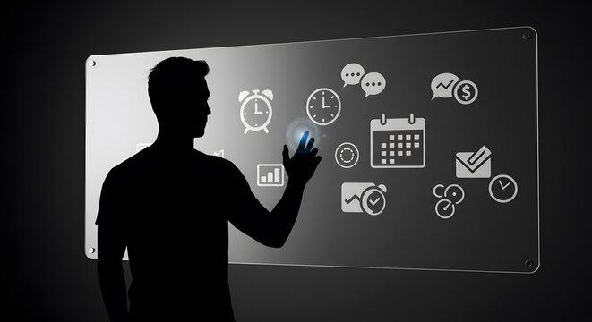 Silhouette Interacting with Digital Interface Displaying Business Icons