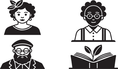 Literacy Vector Icons of Diverse Educators and Nature Book Symbol