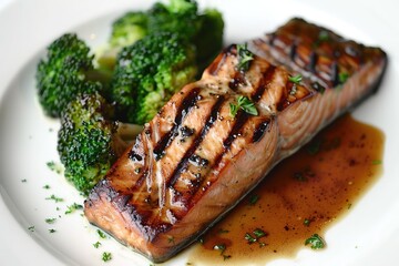 Grilled salmon steak with broccoli on white plate, close-up, Ai Generated