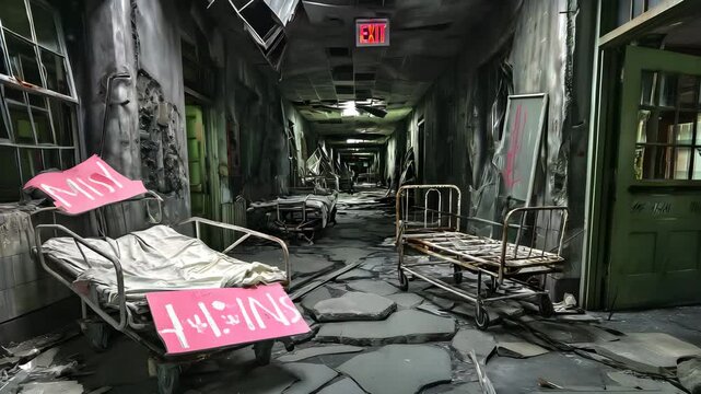 荒廃した廃病院の長い廊下に放置されたストレッチャーと崩壊した内装


