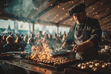 Garlic cooking demo on a small stage at the Isle of Wight Garlic Festival, professional chef tossing garlic cloves into a sizzling pan, audience seated under a white tent