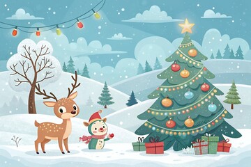 Cute reindeer and penguin celebrate christmas in a snowy forest with decorated tree and gifts