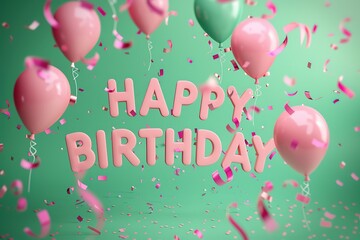 Happy Birthday Greeting Card with Balloons, Confetti and Ribbon, Ai Generated