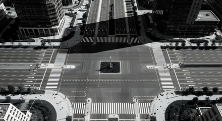 Urban Crossroads Monochrome Aerial View Of City Streetscape Featuring Crosswalks And Buildings