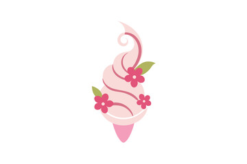 Delightful Pink Swirl Ice Cream Cone Adorned With Delicate Flowers And Green Leaves, An Appetizing Treat, Perfect for Sweet Indulgence and Summer Celebration
