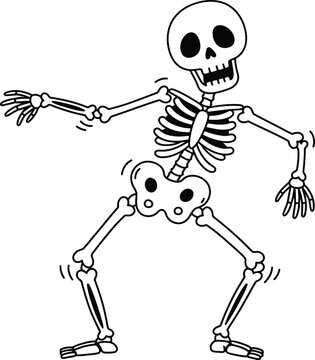 Cartoon skeleton dancing with arms outstretched and knees bent, depicted in black and white outline.