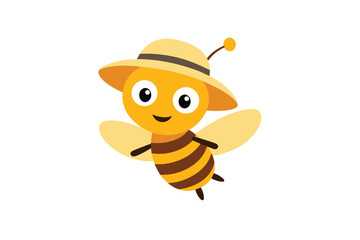 Adorable Cartoon Bee Character Wearing a Stylish Summer Hat, Depicted with Big Eyes, a Cheerful Smile, and Yellow and Brown Stripes
