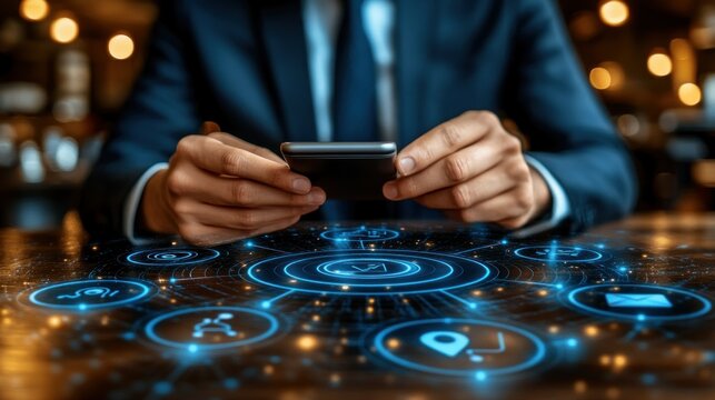Businessman using phone, digital interface