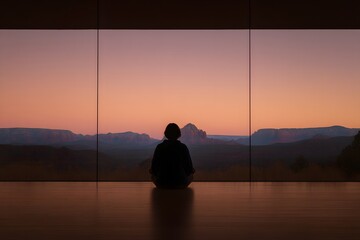 A person meditates quietly as they gaze at the sunset over mountains