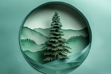 Pine tree in a circle with mountains and forest in the background, Ai generated