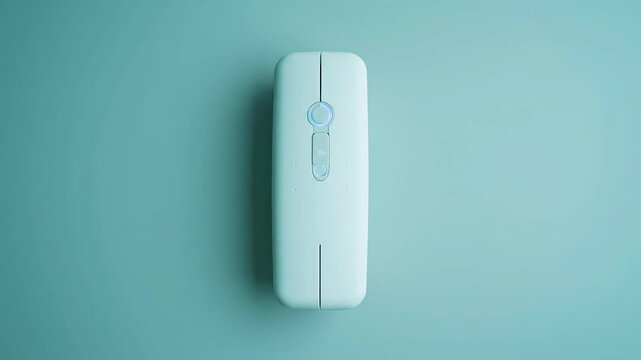 Streamlined personal radiation dosimeter resting against a cool teal backdrop