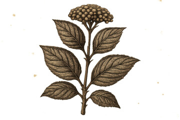 Golden plant with round flowers and large leaves growing on a transparent background, perfect for vintage or luxury projects