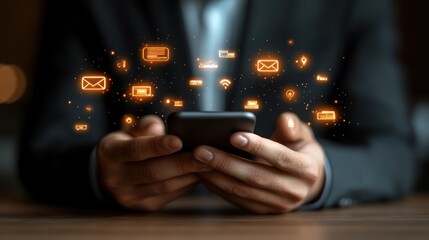 Businessperson using a smartphone with glowing communication icons