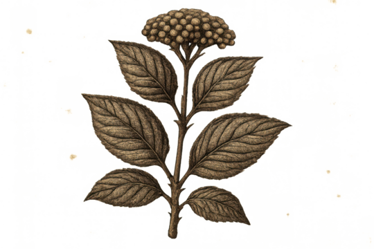 Golden plant with round flowers and large leaves growing on a transparent background, perfect for vintage or luxury projects