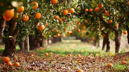 Lush rows of vibrant orange trees laden with ripe citrus fruit offer a picturesque orchard scene perfect for text overlay and showcasing the abundance of a successful harvest in a