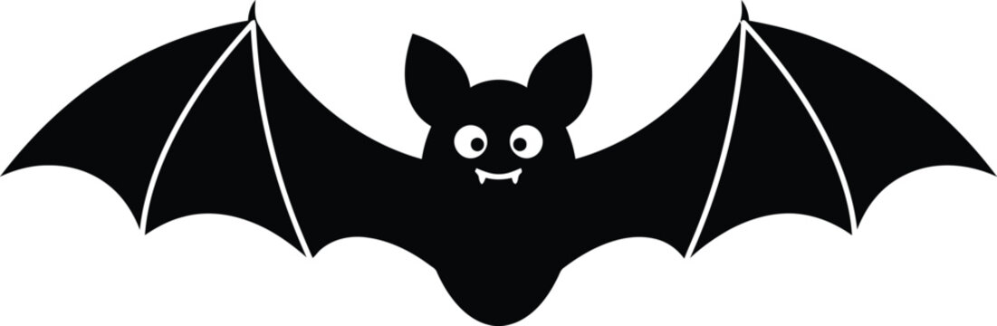 Cartoon bat with spread wings, fangs, and wide eyes on a white background.