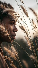Golden grass seed heads cast elegant silhouettes on skin—organic texture and soft light combine for stylish, natural portraiture.