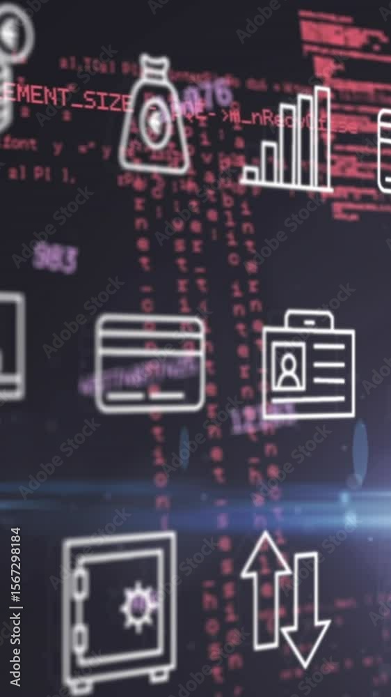 Poster animation of multiple changing numbers and digital icons over data processing and light spot