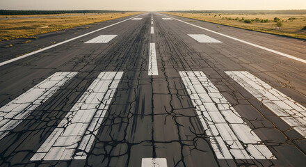 Abandoned Runway Asphalt With Cracked Surface And White Paint In The Countryside