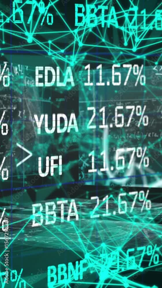 Poster animation of stock market data processing and plexus network against screens with data processing